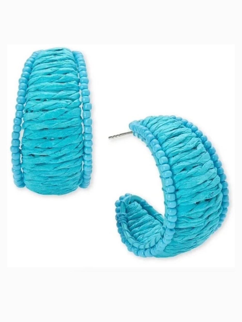 On 34th Seed Bead & Raffia C-Hoop Earrings in Blue